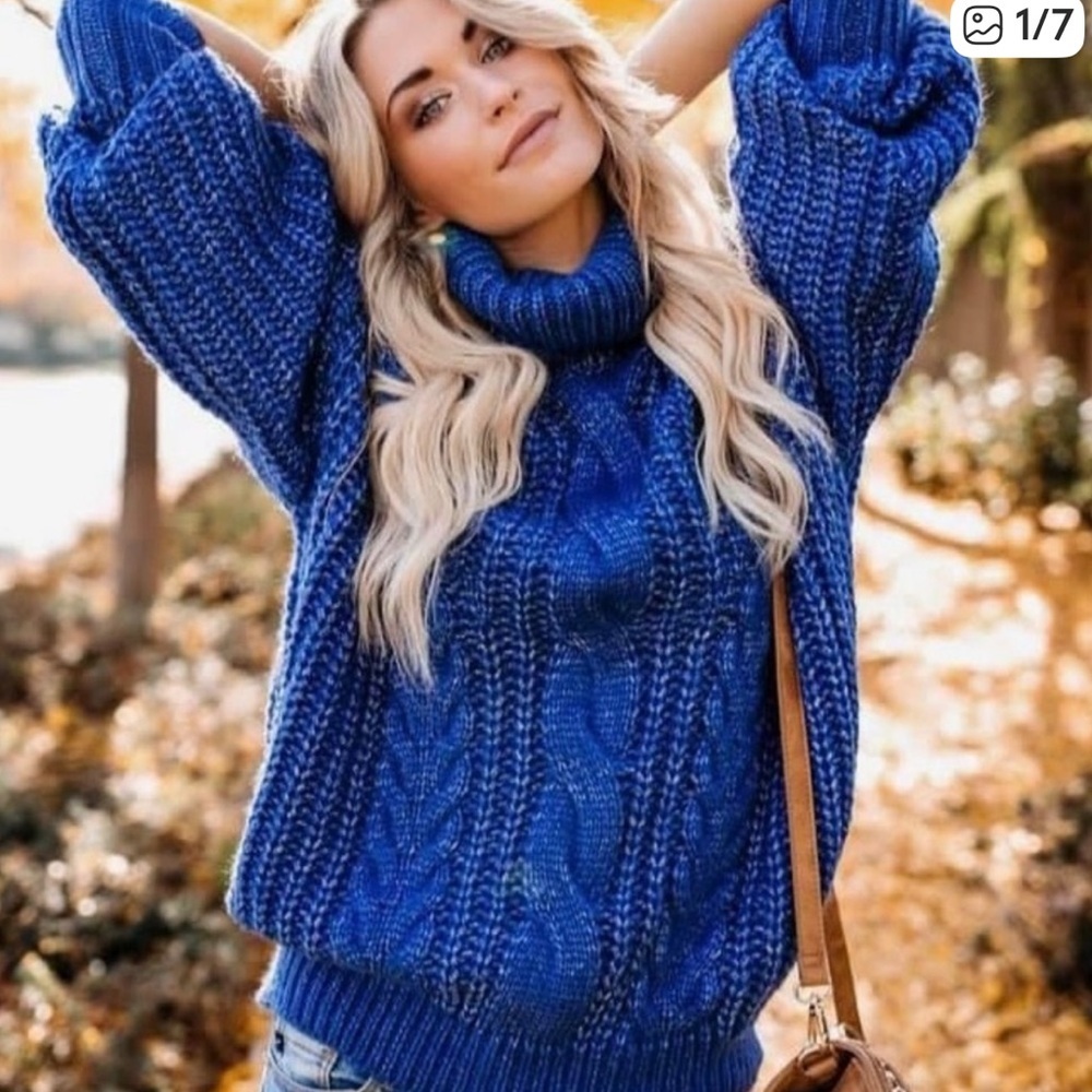 FATE Sweater Turtleneck Forever Chic Cable Sweater Royal Blue size Small Medium